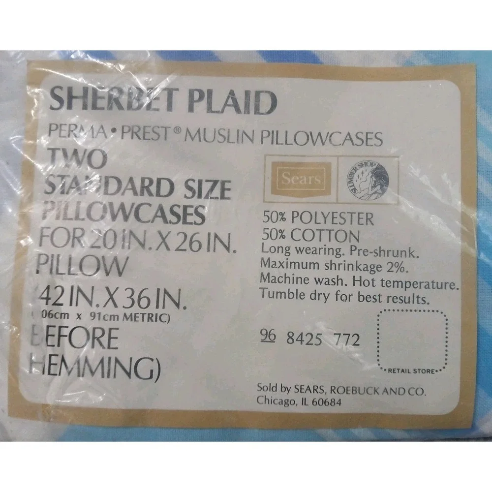 2 Vtg Sears Pillowcases Blue‎ Sherbet Plaid Perma Prest Muslin Standard Size NOS